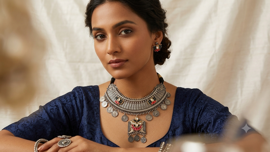 Ethnic Oxidized Silver Banjara Coin & Kundan Statement Choker Set