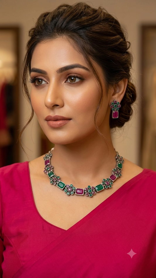 Ruby Red & Emerald Green Stone Oxidised Silver Necklace and Earrings Set