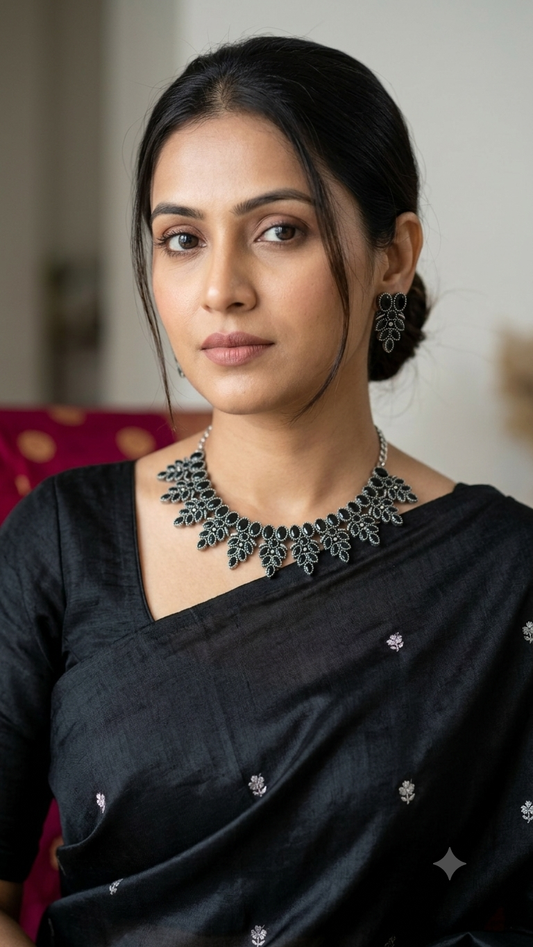 Midnight Black Leafy Motif Oxidized Silver Necklace & Earring Set