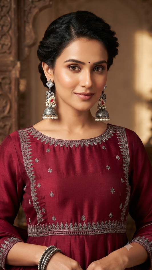 Antique Silver-Plated Hanging Jhumki Earrings with AD Studs