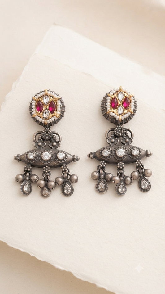 Oxidized Silver-Plated Statement Drop Earrings with Ruby and Crystal Stones