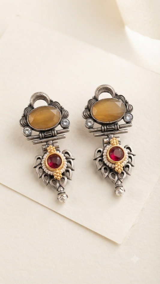Antique Silver-Plated Fusion Dangle Earrings with Multi-Stone & Pearl Detailing