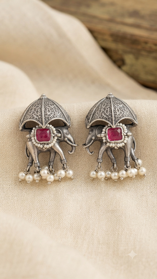 Traditional Ethnic Silver Animal Design Earrings with Umbrella Detail & Pearls