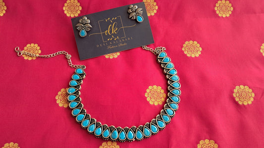 Boho Turquoise Teardrop Oxidized Silver Necklace & Earring Set