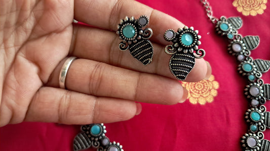 Turquoise & Pastel Pink Leaf-Pattern Oxidised Silver Necklace and Earrings Set