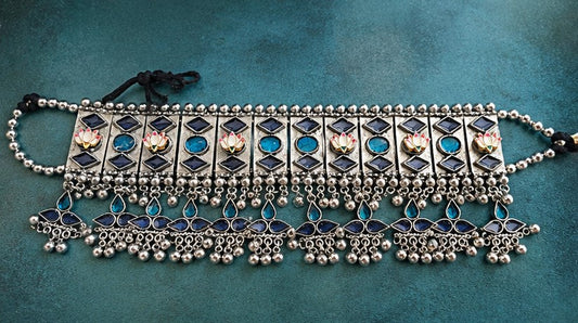 Royal Blue Enamel Lotus Motif Oxidized Silver Choker Necklace