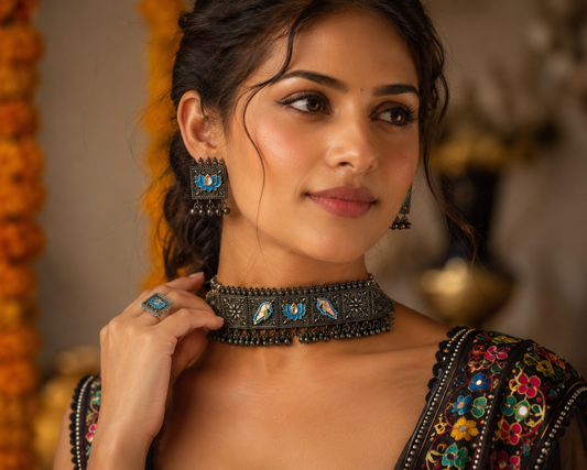 Ethnic German Silver Enamel Work Choker Set for Women