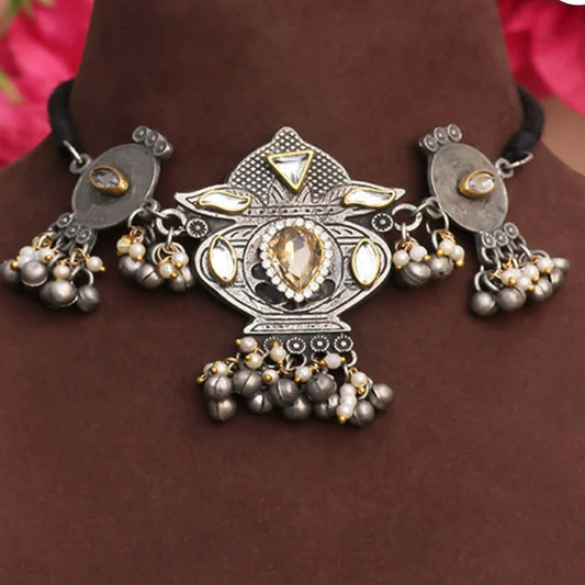 KALASH Kundan & Pearl Oxidised Silver Choker Necklace – Traditional Indian Jewellery for Women