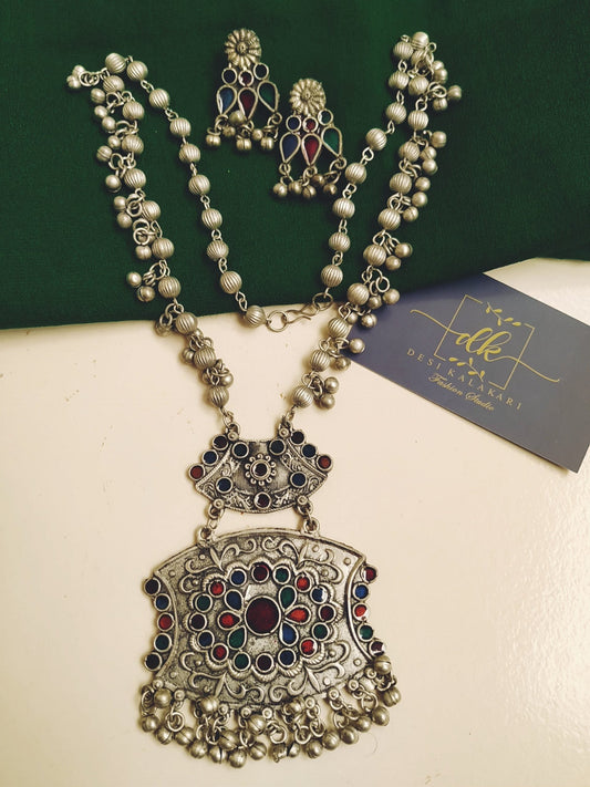 ANURADHA Meenakari Long Necklace Set with Jhumka Earrings – Oxidised Silver Indian Jewellery