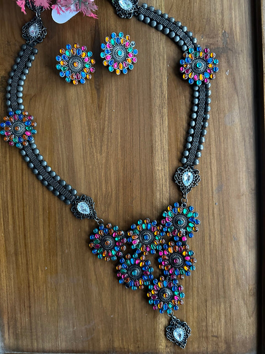 MELAMADAI Dark Oxidised Silver Multicolour Floral Long Necklace Set with Earrings – Indian Jewellery