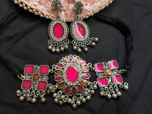 BANJARA Hot Pink Glass Stone Oxidised Silver Choker Necklace Set with Earrings – Tribal Indian Jewellery