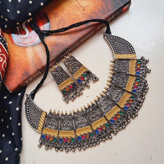ASHVINA Dual-Tone Multicolour Stone Bib Necklace Set with Earrings – Handmade Indian Jewellery