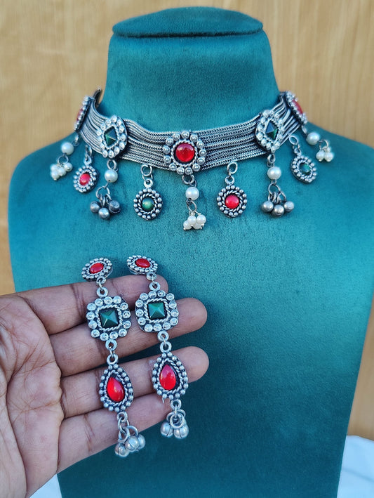 ISHANI Oxidised Silver Antique Ethnic Necklace for Women