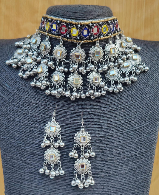 HANDMADE Mirror & Multicolour Stone Choker Necklace Set with Earrings – Tribal Indian Jewellery