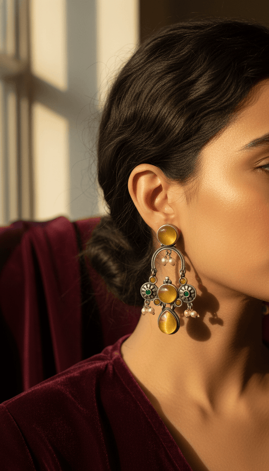Vintage Mustard Stone Oxidised Earrings
