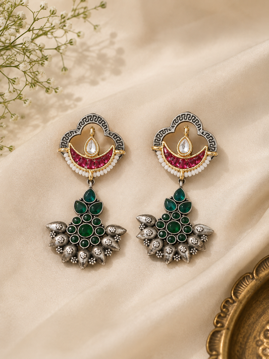 Oxidized Silver-Plated Statement Drop Earrings with Emerald Green & Ruby Stones