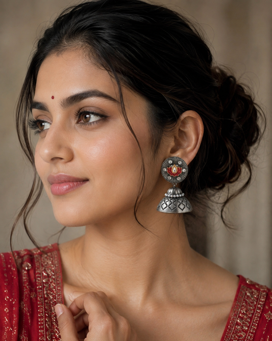 Traditional Ethnic Silver Small Jhumkis with Red Lotus Enamel Motif & Crystals