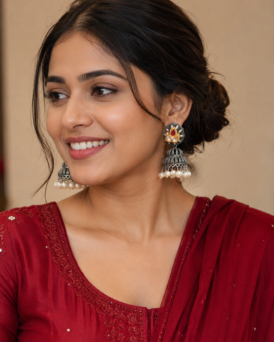 Oxidized Silver-Plated Lotus Jhumka Earrings with Ruby Accent & Pearl Drops