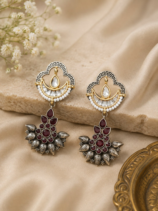 Antique Silver-Plated Designer Dangle Earrings with Floral Motif & Emerald Drops