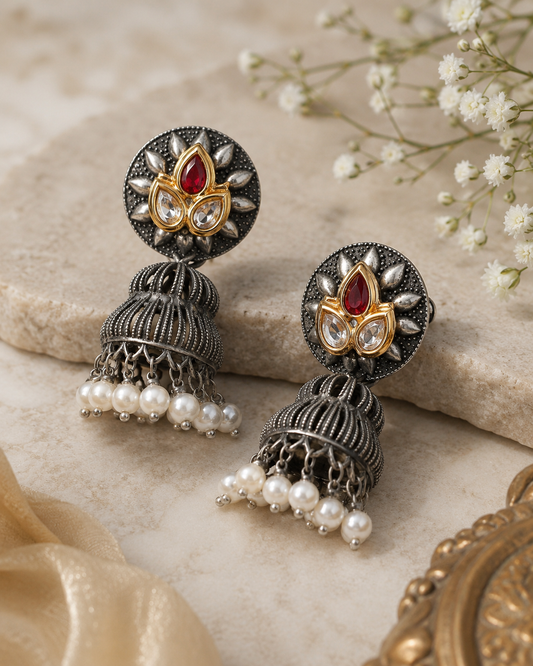 Oxidized Silver-Plated Lotus Jhumka Earrings with Ruby Accent & Pearl Drops