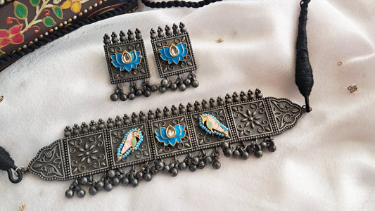 Ethnic German Silver Enamel Work Choker Set for Women