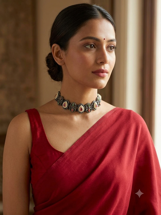 Royal Oval Motif Multi-Stone Oxidized Silver Choker
