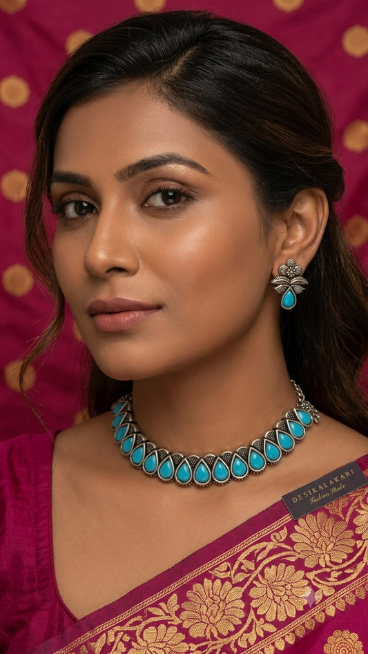 Boho Turquoise Teardrop Oxidized Silver Necklace & Earring Set