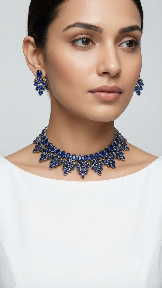 Royal Blue Leaf-Pattern Oxidised Silver Necklace and Earrings Set