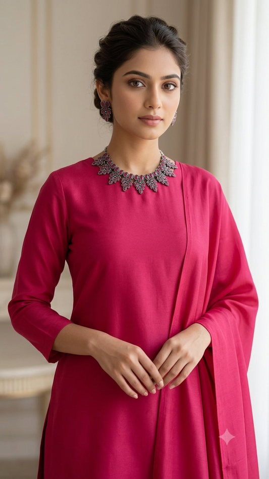 Ruby Red Leaf-Pattern Oxidised Silver Necklace and Earrings Set