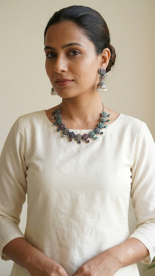 Multicolour Floral Stone Oxidised Silver Necklace with Jhumka Earrings Set