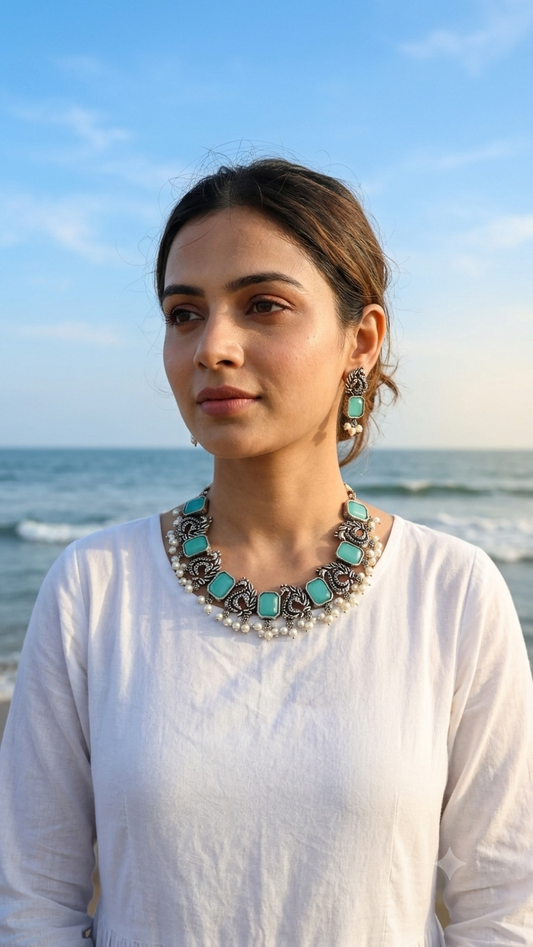 Ethereal Turquoise Peacock Oxidized Silver Necklace & Earring Set