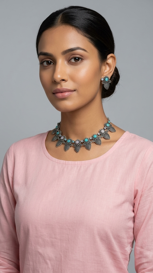 Turquoise & Pastel Pink Leaf-Pattern Oxidised Silver Necklace and Earrings Set