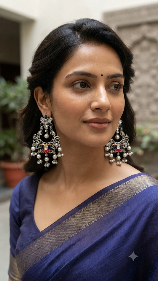 Traditional Floral & Peacock Motif Silver Drop Earrings with Enamel Work