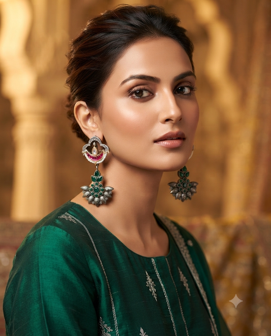 Oxidized Silver-Plated Statement Drop Earrings with Emerald Green & Ruby Stones