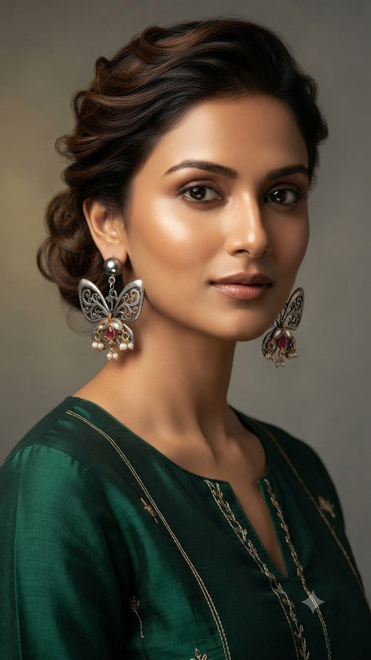 Oxidized Silver-Plated Butterfly Hook Earrings with Ruby Stone & Pearl Accents