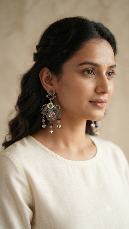 idized Silver-Plated Statement Drop Earrings with Turquoise & Peach Beads