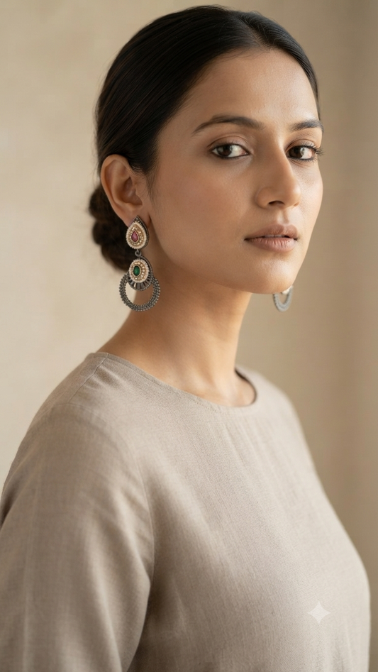 Traditional Ethnic Silver Hoop & Stud Earrings with Multi-Color Stone Accents