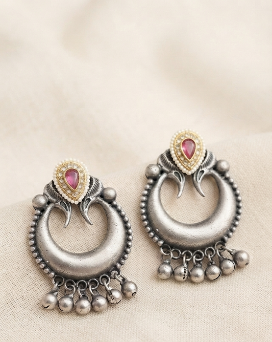 Traditional Bohemian Silver-Plated Moon-Shape Dangle Earrings