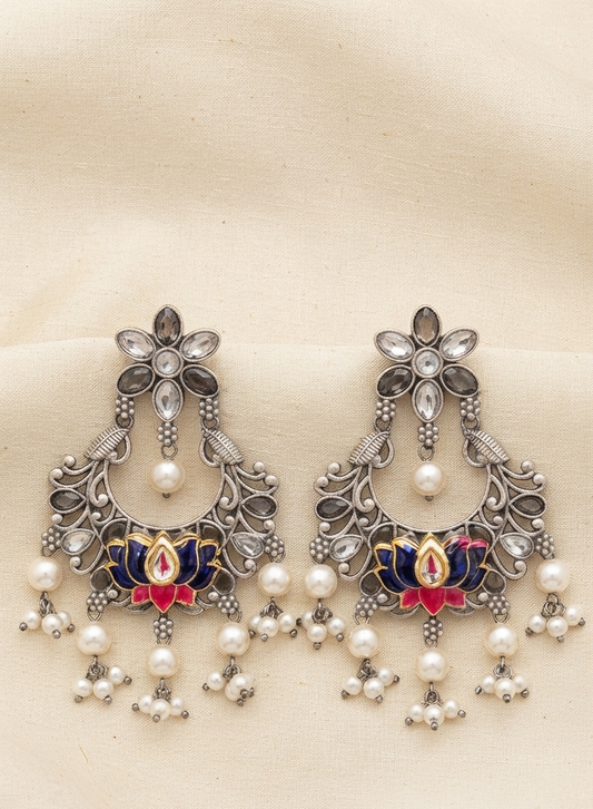 Traditional Floral & Peacock Motif Silver Drop Earrings with Enamel Work