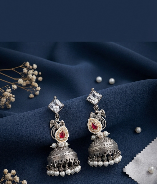 Antique Silver-Plated Hanging Jhumki Earrings with AD Studs