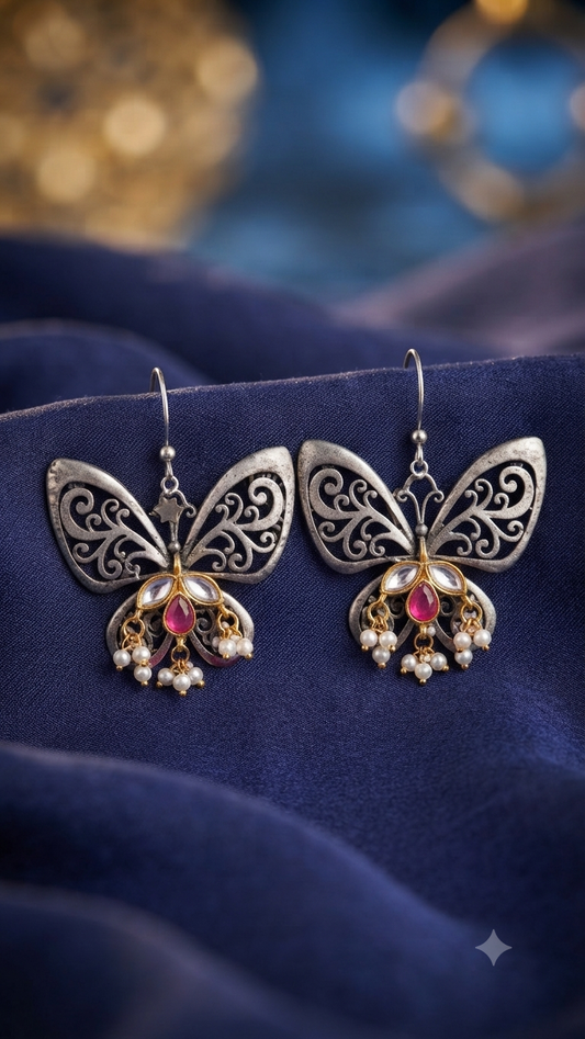 Oxidized Silver-Plated Butterfly Hook Earrings with Ruby Stone & Pearl Accents