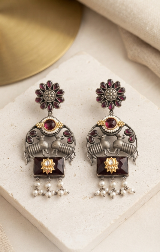 Traditional Ethnic Silver Drop Earrings with Floral Stud and Pearl Hangings