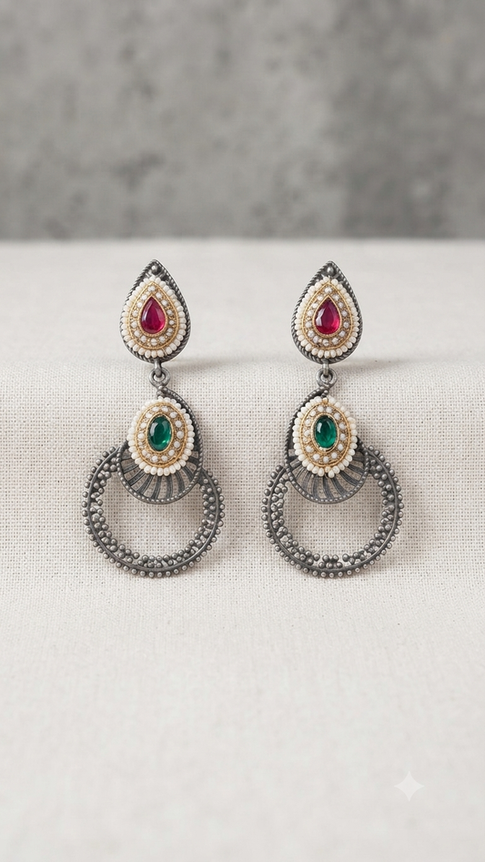 Traditional Ethnic Silver Hoop & Stud Earrings with Multi-Color Stone Accents