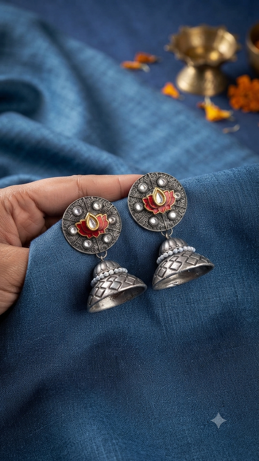 Traditional Ethnic Silver Small Jhumkis with Red Lotus Enamel Motif & Crystals