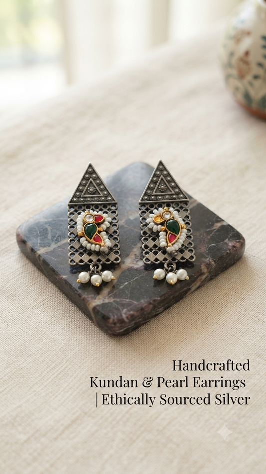 Handcrafted Kundan & Pearl Earrings in Ethically Sourced Silver