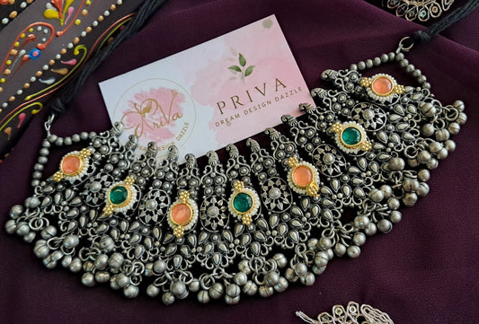 MARIA Pachi Kundan Wide Oxidised Silver Choker Necklace – Peach & Green Stone Indian Jewellery