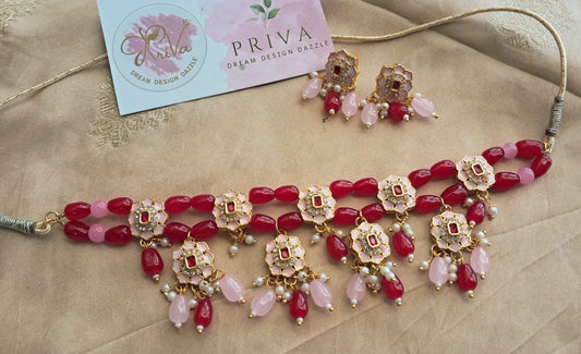 GIRISHA Red & Pink Beaded Pachi Kundan Choker Necklace Set with Earrings – Bridal Indian Jewellery