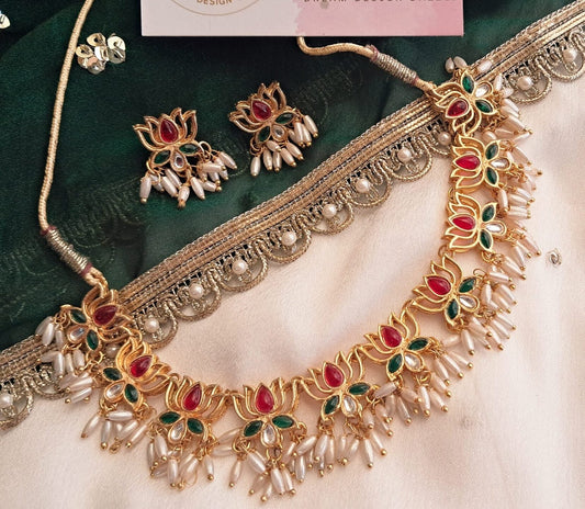 SHRITVI Gold-Tone Lotus Pachi Kundan Long Necklace Set with Earrings – Bridal Indian Jewellery