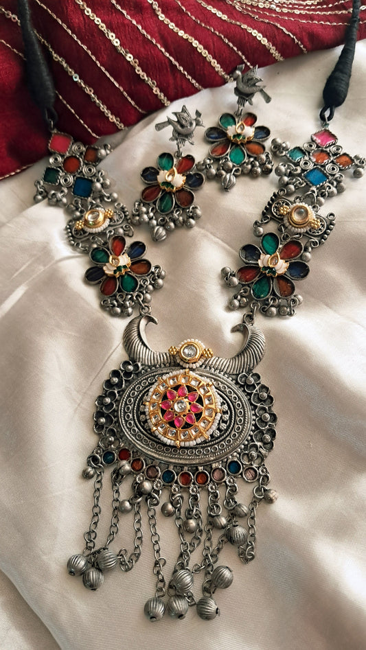 Regal Heritage Oxidized Silver Multi-Color Stone Necklace & Earrings Set