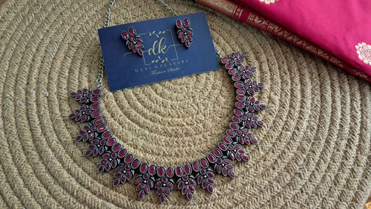 Ruby Red Leaf-Pattern Oxidised Silver Necklace and Earrings Set